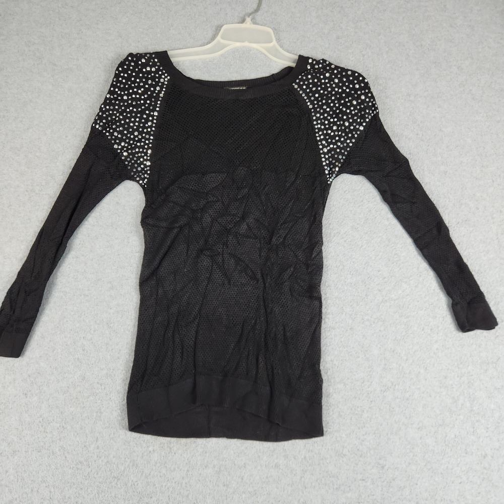 Express Sweater Womens S Black Rhinestone Sheer Mesh Knit Slim Fit Long Sleeve